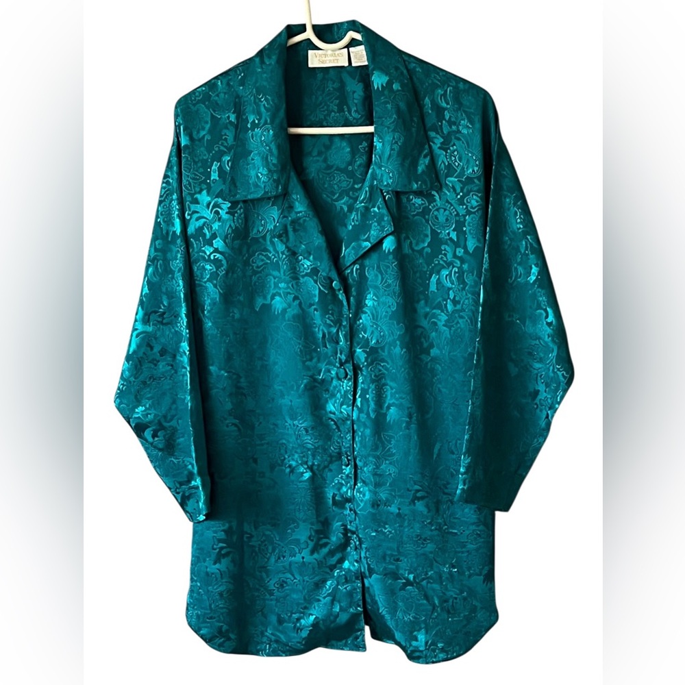 Vintage Victoria's Secret Gold Label Emerald Floral Damask Satin Sleep Shirt - Picture 8 of 10